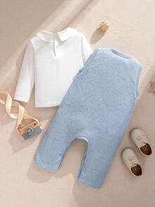 Souflis 2pcs Baby Boy Autumn New Fashion Lapel Long Sleeve Top & Cute Horse Print Sleeveless Jumpsuit Set Fall Winter - Multicolor - View 2