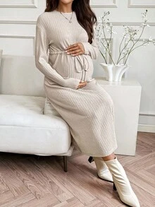 SHEIN Robe de maternité décontractée, mode minimaliste, avec taille cintrée et manches longues - Noir - Voir 4