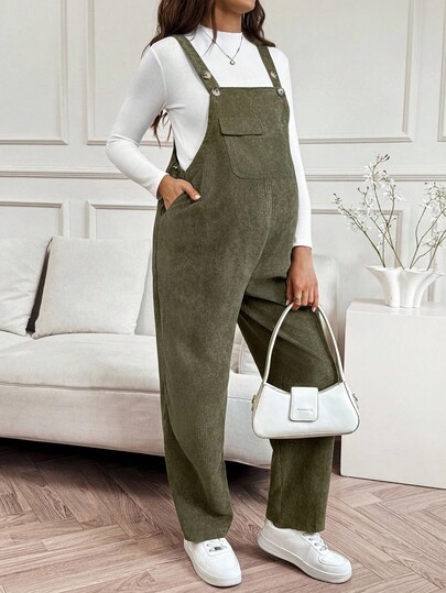 SHEIN Maternity Women's Corduroy Overalls,Sage Green,Autumn,Elegant,Smart Casual Wide Leg Overalls With Pocket,Solid Color Plus Size Casual Fall Clothes