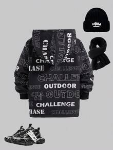 SHEIN Boys' Black Minimalist Letter Print Thermal Lined Zip-Up Hooded Jacket, Suitable For Winter Fall - Black - View 2