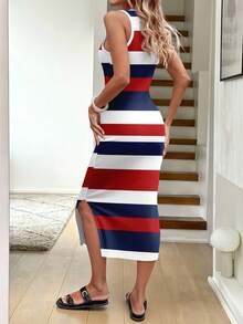 SHEIN LUNE Casual Striped Pattern Round Neck Bodycon Mid-Length Dress For Women, Suitable For Autumn/Summer Chic Dress - Multicolor - View 2