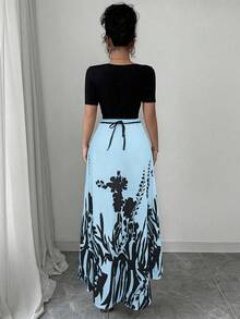 Selianne Đầm suông cổ vuông tay ngắn thắt nơ thắt eo thanh lịch dành cho nữ theo phong cách Trung Hoa - Màu xanh lam - Xem 2