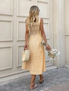SHEIN LUNE Blue & White Striped Cotton Slip Dress, Midi Length, Suitable For Spring/Summer Vacation, Commute, Office Yellow Striped Sundress Yellow Summer Dress Midi Summer Dress Striped Sundress Women Button Down Sundress