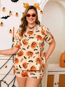 Chillnights Conjunto de Pijama Curto com Estampa de Abóbora Fofa Plus Size para Mulheres, Pijama de Halloween Plus Size para Mulheres, Pijama de Halloween Plus Size, Conjunto de Pijama Plus Size, Shorts de Pijama de Halloween, Pijama de Outono Plus Size - Multicolorido - Visão 3