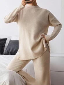 EURMUSE Women's Solid Color Drop Shoulder Long Sleeve Button Design Sweater And Flared Knit Pants Set Knit Two Piece Set Beige Two Piece Set Comfortable Two Piece Set Two Piece Set Women Ribbed Two Piece Set,Winter Clothes - Beige - View 2