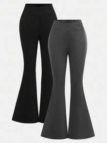 Girlism 2pcs Tween Girl Solid Color Asymmetric Waist Flare Pants Set, Back To School, Fall, Winter - Multicolor - View 3