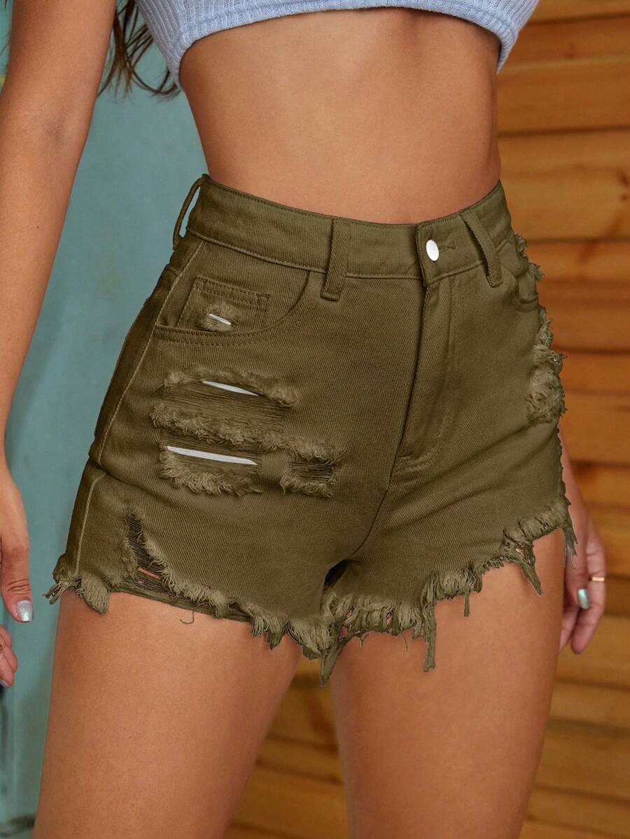 SHEIN EZwear 夏季休闲纯色破洞磨边牛仔短裤 - 軍綠色 - 查看 1