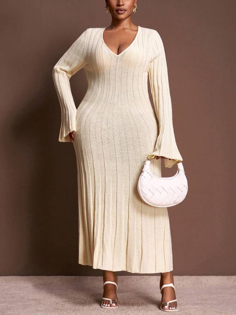 Slaydiva 2025 Autumn/Winter New Elegant Casual Vacation Commute Daily Office Outfit Knitted Solid Color Apricot Ribbed Striped Low Round Neck Long Flare Sleeve Wide Hem Fitted Sweater Dress For Plus Size Women Fall - Apricot - View 1