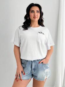 EURMUSE Áo phông 100% Cotton thêu hoa, cổ tròn, chi tiết túi - trắng - Xem 3