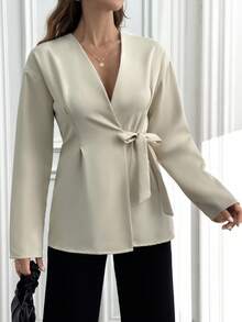 EURMUSE Solid Color, Open Front, Belted, Jackets - Beige - View 4
