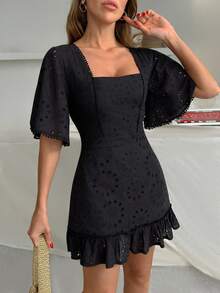 SHEIN Cottnline Váy ngắn thanh lịch tay bèo thêu cho nữ - màu đen - Xem 3
