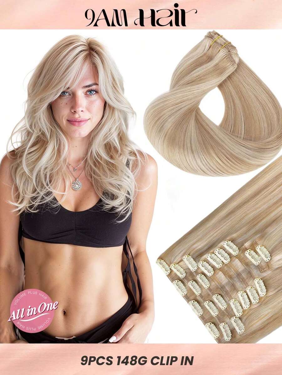 9 piezas de extensiones de cabello con clip recto 100% cabello humano real de 14-24 pulgadas 148G con doble trama, extensiones de cabello invisibles con clip, cabello humano Remy natural para uso diario de mujeres y niñas