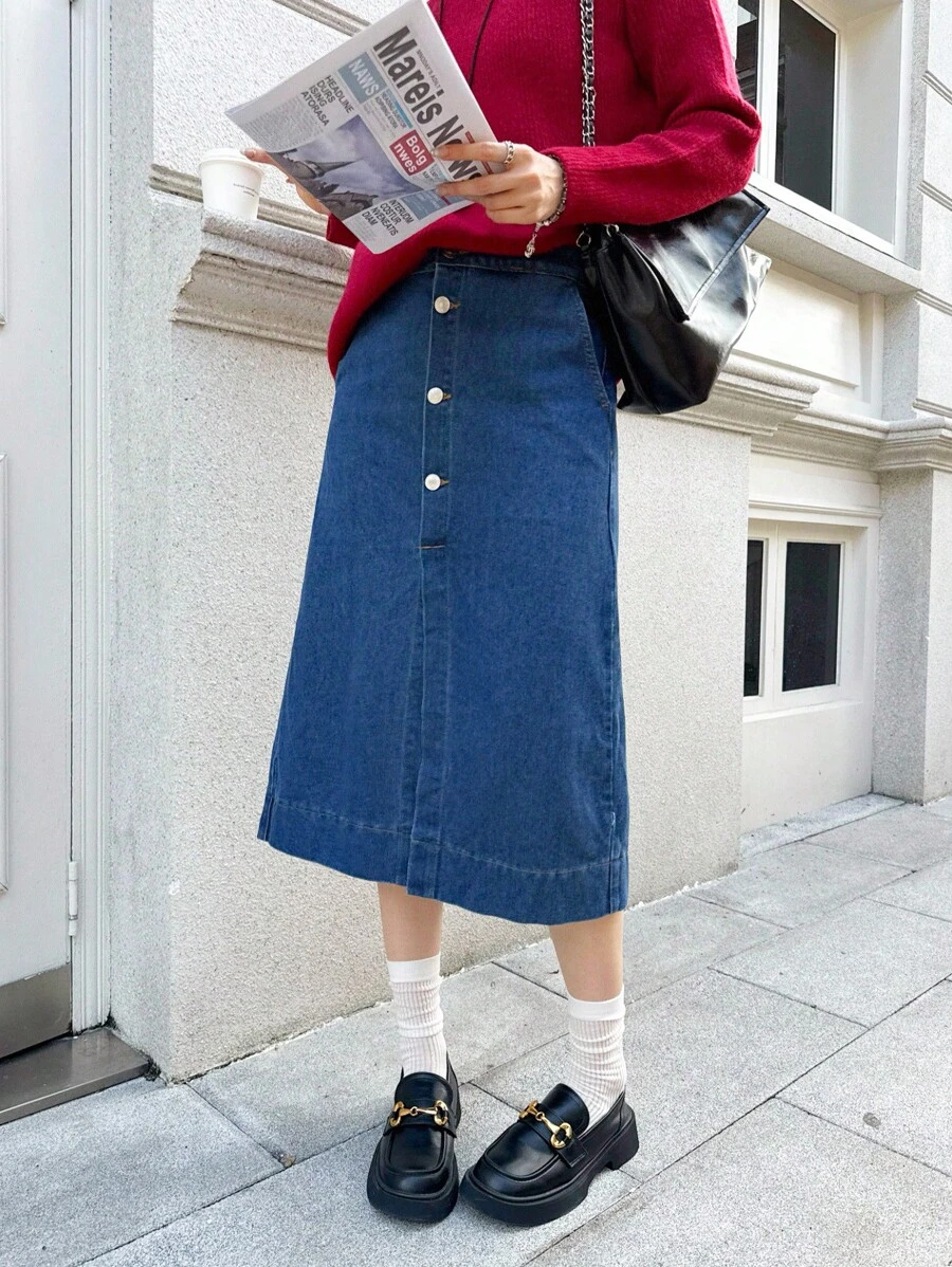 K-Vae Women's Autumn Dark Denim Blue Metal Button Decorated Denim Skirt,Fall Outfits Women , Going Out Outfits,Old Money,Homecoming Dress , Going Out Outfits ,Business Casual Woman