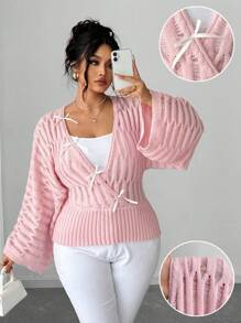 Elenzga 大码女式V领蝙蝠袖收腰针织毛衣，法式复古蝴蝶结设计休闲套头衫，秋冬款 - 粉色 - 查看 1