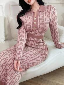 Feyla 女式几何图案领扣设计毛衣和长款针织中裙两件套，适合秋冬两件套 - 粉色 - 查看 6