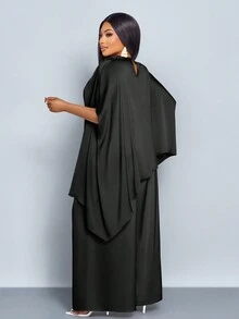 SOLERSUN 女士时尚纯色优雅立领时尚精致蝙蝠袖缎面不对称下摆衬衫和直腿优雅长裤套装 - 黑色 - 查看 2