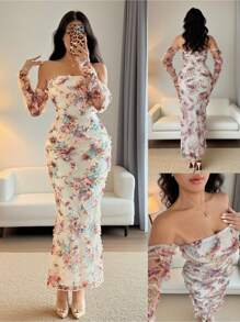 Vavine 女式优雅 3D 网眼印花荷叶边腰身开衩连衣裙 - 杏色 - 查看 1