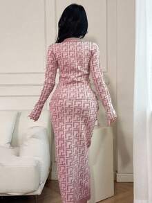 Feyla 女式几何图案领扣设计毛衣和长款针织中裙两件套，适合秋冬两件套 - 粉色 - 查看 2