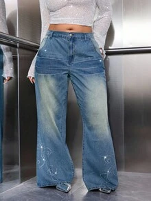 SHEIN Unity Plus Size Blue Mid-Waist Flared Rhinestone Embellished Loose Fit Jeans Party - Blue - View 1
