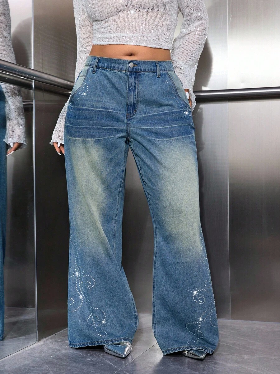 SHEIN Unity Plus Size Blue Mid-Waist Flared Rhinestone Embellished Loose Fit Jeans Party - Blue - View 1