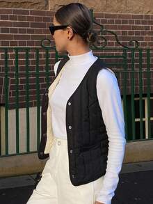 DAZY V-Neck Sleeveless Jacket Vest, Padded & Thickened, Women Padded Coat For Autumn/Winter Fleece Lined - Black - View 7