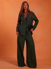 NYA SZN Monica Blazer Long Sleeve Plunge V Neck Button Up Oversized Baggy Everyday Casual Business Casual Businesswear Vacation Formal Wedding Guest Bridal PartyBirthday Office Siren Fall Winter Emerald Green Outfits For Women - Green - View 4