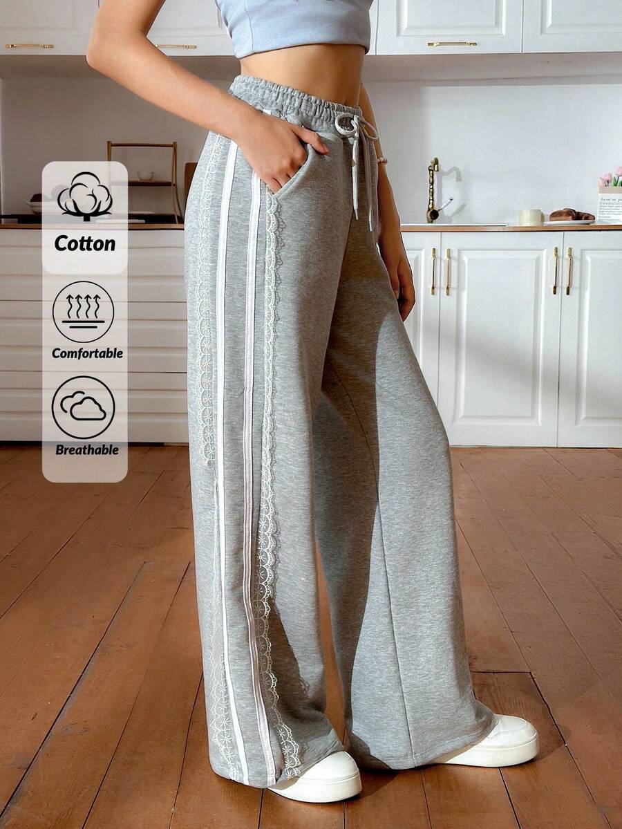 EURMUSE Lace-Trimmed Elegance With A Sparkle Touch Glamorous Details Shine With Every Step Rhinestone Accents Meet Delicate Lace Statement Pants With Feminine Edges Dazzle In Every Move Touch Of Lace, Hint Of Glam Perfect Balance Of Bold And Elegant Sparkle Up Your Style With Lace Details - Grey - View 1