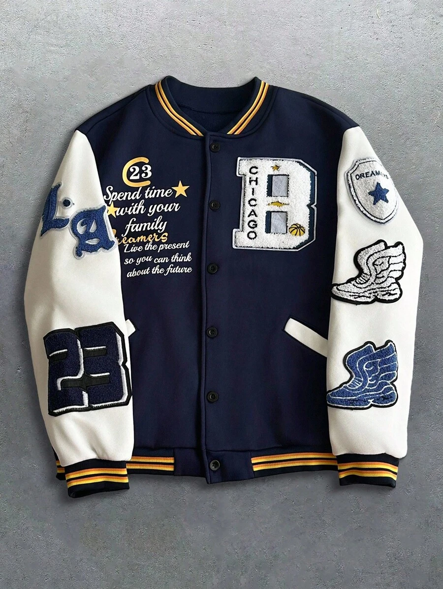 Manfinity Sporsity Men Plus Size Colorblock Button Front Applique Decor Long Sleeve Jacket And Coat,Fall