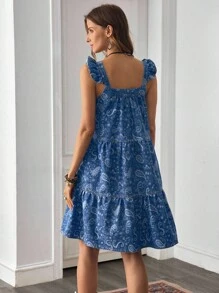 EMERY ROSE Vestido vaquero sin mangas con volantes en el bajo para mujer - Azul - Ver 3