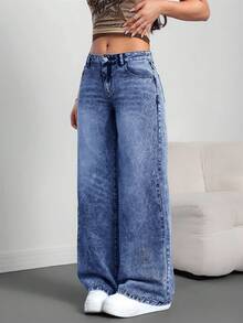 SHEIN Tall Quần jean ống rộng ống đứng cài nút thường ngày cho nữ, phù hợp mặc hàng ngày - Rửa tối - Xem 3