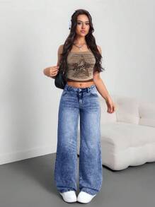SHEIN Tall Quần jean ống rộng ống đứng cài nút thường ngày cho nữ, phù hợp mặc hàng ngày - Rửa tối - Xem 4