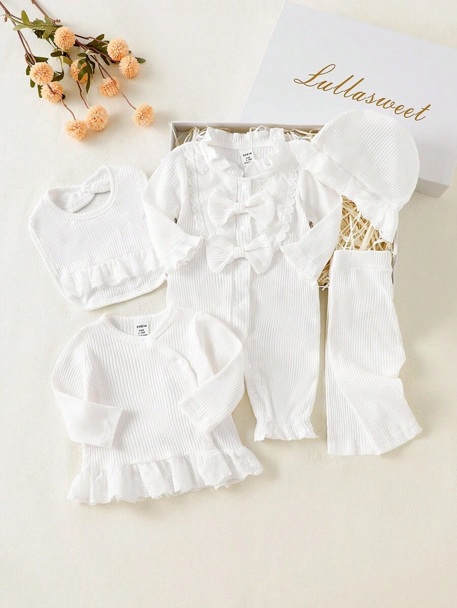 SHEIN 5pcs/Set Newborn Baby Girl Autumn Outfit, Soft Cotton Cute White Top, White Pants, Lace Hat And Bib, High Quality Gift Set Fall Winter - White - View 1