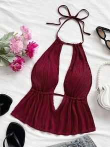 Soleia 性感休闲度假 V 领露背纹理面料背心 - 酒紅色 - 查看 5