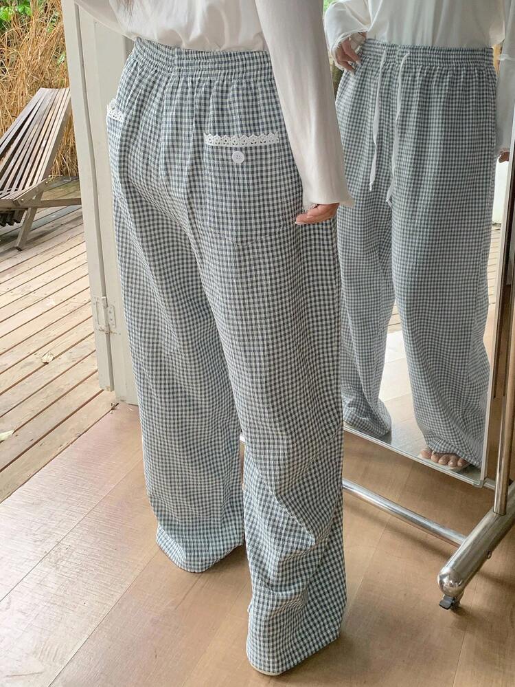 Dazy Plus Plus Size Women Plaid Loose Straight Drawstring Pants, Sleepwear Bottoms, Fall