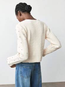 Maija Cardigan élégant à manches longues avec boutons frontaux et décoration de strass pour femmes - Blanc - Voir 7