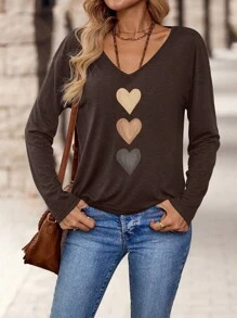 EMERY ROSE Camiseta de mujer de manga larga con cuello en V, de estilo minimalista casual, con rayas verticales y patrón de corazón acuarelado, apropiada para primavera/otoño