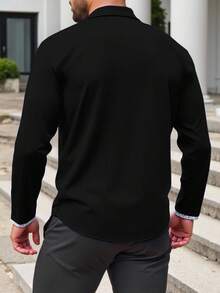 Manfinity Homme 大码男士休闲日常撞色饰边纽扣长袖衬衫 - 黑色 - 查看 2