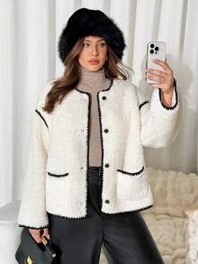 Auralis 大码女式纽扣口袋长袖休闲夹克，秋冬 - 白色 - 查看 1