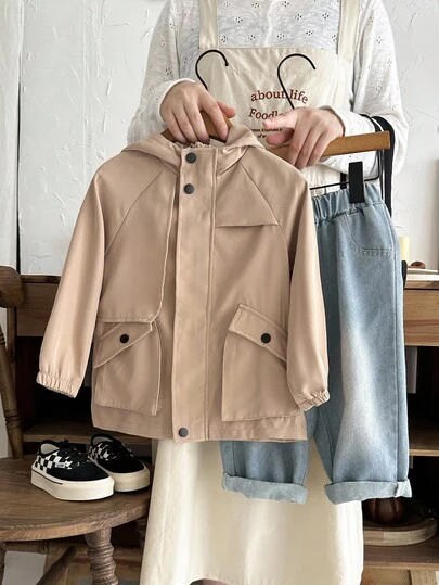 SHEIN Young Boy Casual Comfortable Utility Pocket Khaki Mid-Length Thin Hooded Long Sleeve Open Front Jacket, Suitable For Commuting, School, Daily Casual, Academy Style, Kids Clothes, Back To School, School Uniform, Kindergarten, Party, Traveling, Sports, Fall, Winter Kids Casual Jacket Cute Jacket