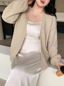 Dazy Plus Cardigan ample à manches lanternes et col V pour femmes grandes tailles, veste d'automne/hiver - Camel - Voir 4