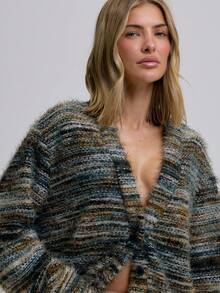 MUSERA Cárdigan texturizado oversize, jersey de punto a rayas casual para aeropuerto y vacaciones, tops oversize elegantes para fiestas de noche, suéter de invierno elegante para primavera y vacaciones - Multicolor - Ver 3