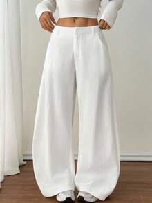 SHEIN PETITE Quần ống rộng đơn giản, túi cài nút màu trơn dành cho nữ - trắng - Xem 3