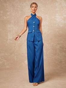Lumalex New Business Casual Smart Casual Retro Elegant OL Blue Halter Metal Buckle Decor Top Paired With Loose Wide Leg Pants Women 2 Pieces Set French Brunch - Blue - View 12