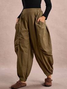 Freevana 大码女式纯色宽松口袋抽绳九分裤 - 軍綠色 - 查看 3