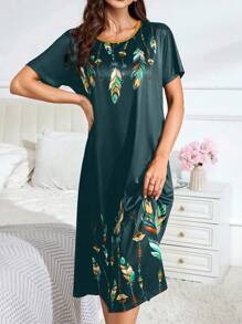 Women's Feather Print Crew Neck Short Sleeve Long Nightgown, Summer, Moo Moo - Multicolor - View 3