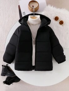 Genkimix Kids 男童纯黑色连帽拉链派克大衣，简约设计，带大帽子，冬季外套 - 黑色 - 查看 1