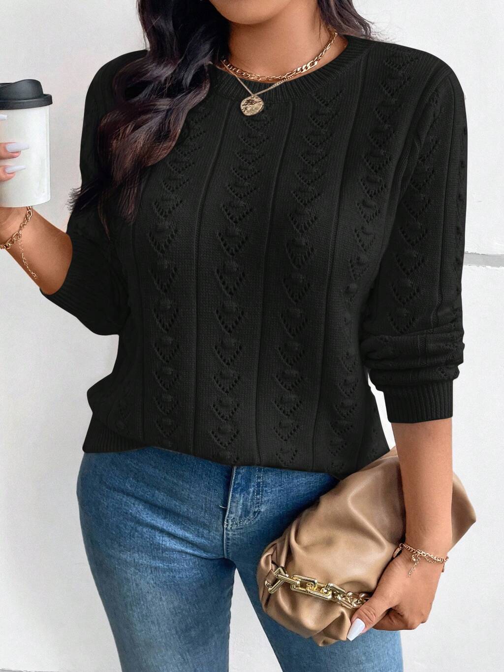 Plus Size Winter Casual Elegant Knitted Floral Pattern Fitted Round-Neck Sweater Pullover, Suitable As A Base Layer Or Outerwear For Work, Shopping, Vacation, Parties, Music Festivals, Home Wear, Back-To-School Events, And As A Gift. Fall