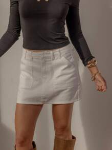 Aralina 女士秋冬夏休闲波西米亚风可爱牛仔迷你裙，非常适合外出、乡村音乐会和教师 - 白色 - 查看 5