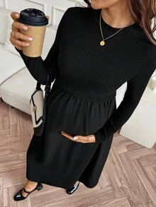 SHEIN 孕妇纯色简约日常装圆领长袖连衣裙 - 黑色 - 查看 3