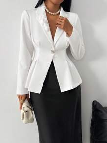 Modelyn Women's Solid Color 3D Floral Decor Long Sleeve Waist Fitted Elegant Blazer Fall Cloth For Women - White - View 4